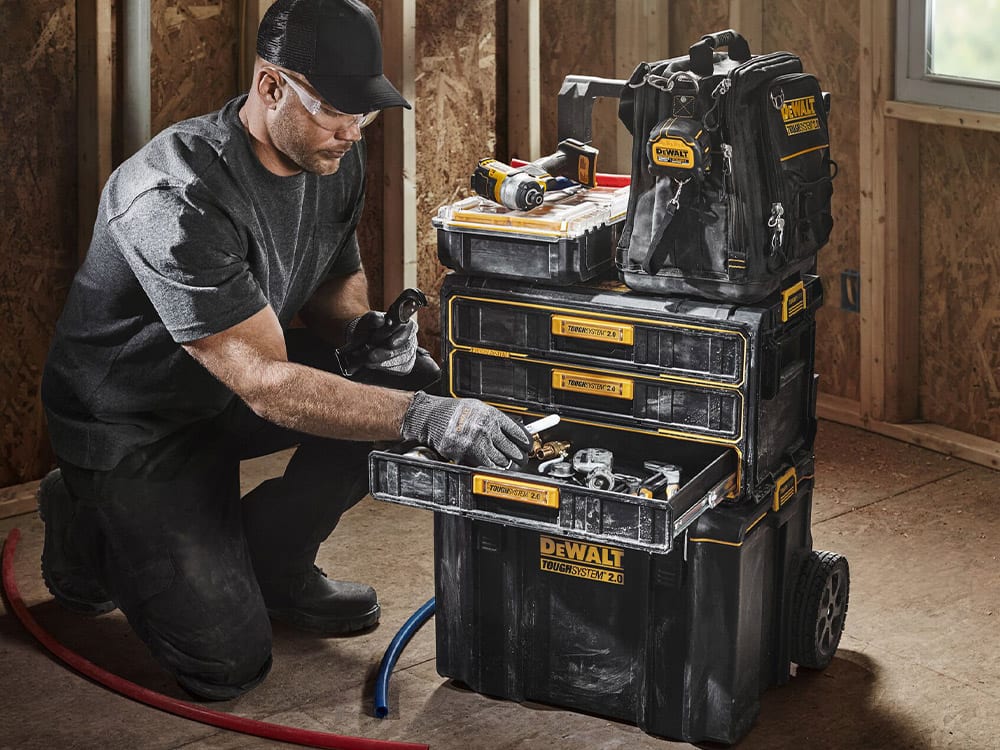 DEWALT TOUGHSYSTEM 2.0 3-Drawer Toolbox connects to other TOUGHSYSTEM 2.0 products