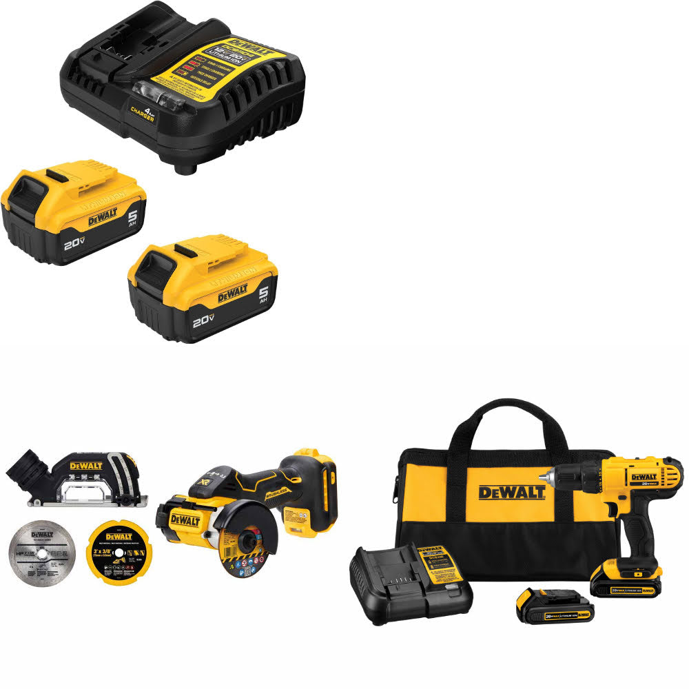 DeWalt DCB205-2C 20V Starter Kit W/ DCS438B 20V Cut-Off Tool & Drill/Driver Kit