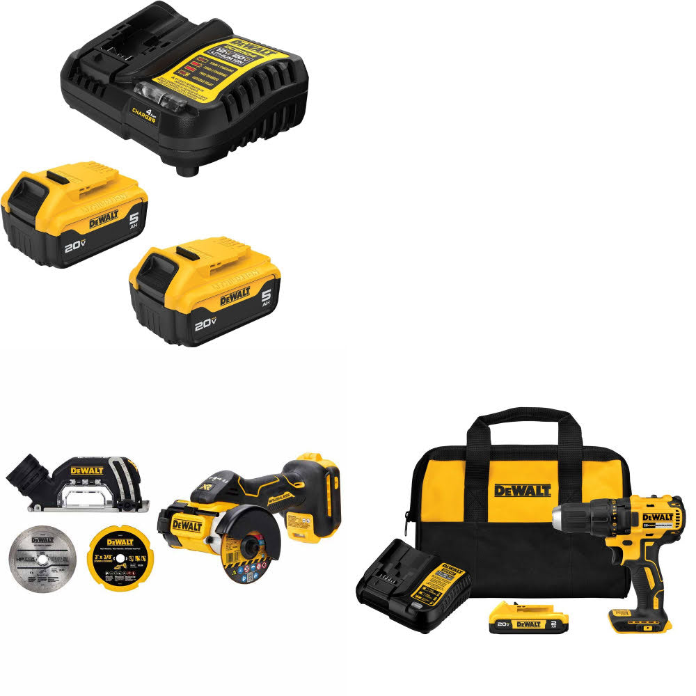 DeWalt DCB205-2C 20V Starter Kit W/ DCS438B 20V Cut-Off Tool & Drill/Driver Kit