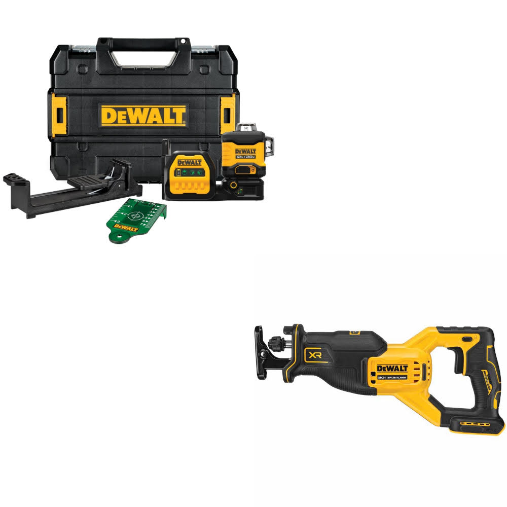 DEWALT DCLE34030G 20V/12V Laser Kit W/ FREE DCS382B 20V MAX XR RECIP SAW, Bare