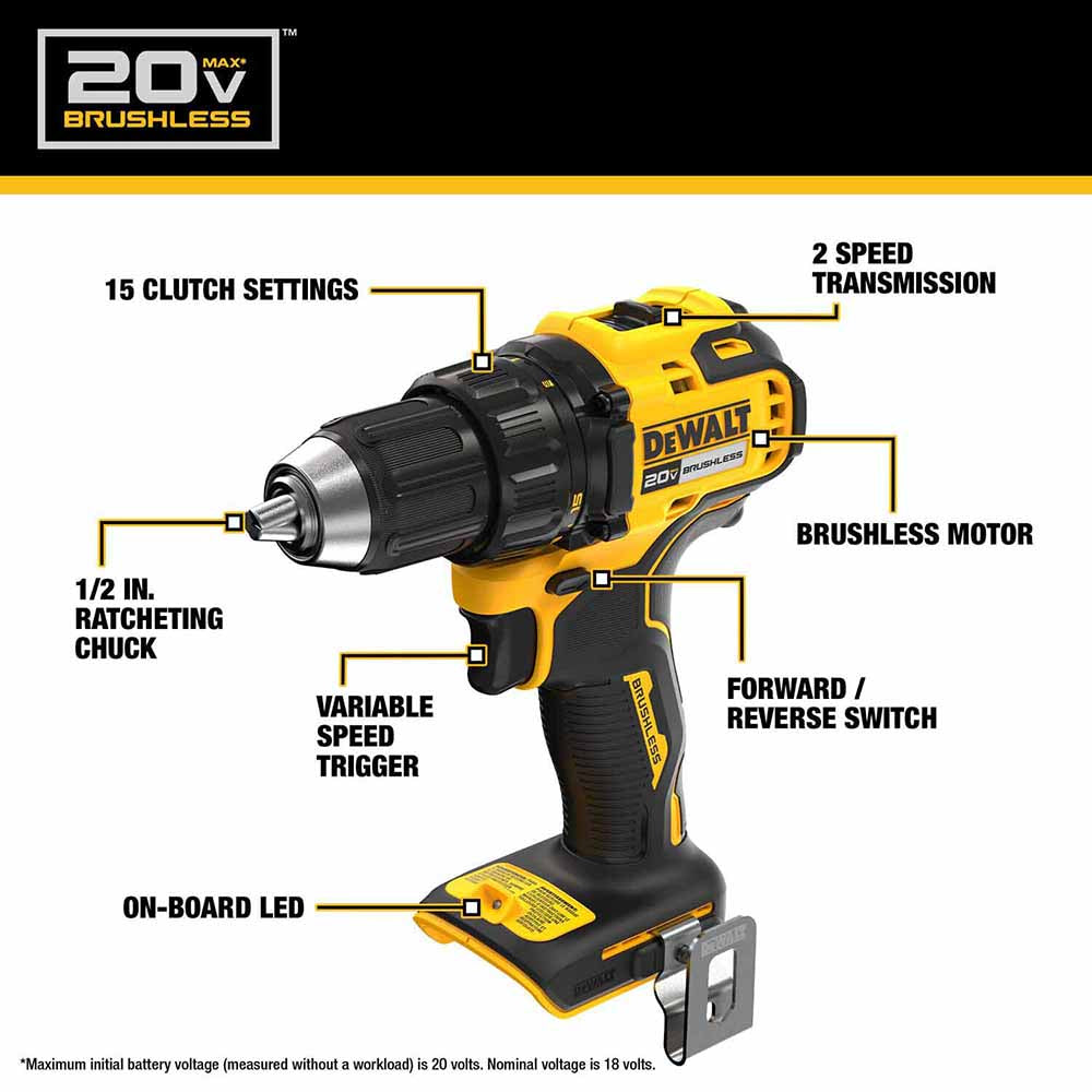 DeWalt DCD793D1 20V MAX Brushless Cordless 1/2 in. Drill/Driver Kit - 2