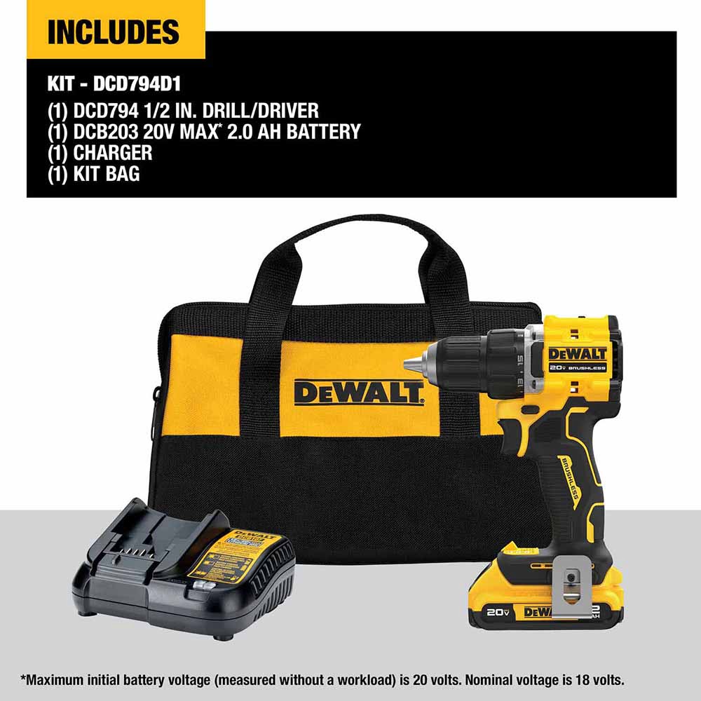 DeWalt DCD794D1 ATOMIC COMPACT SERIES 20V MAX Brushless Cordless 1/2 in. Drill/Driver Kit - 8