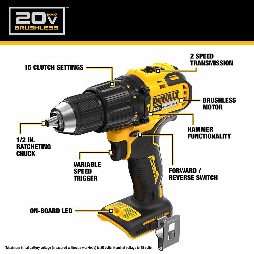 DeWalt DCD798D1 20V MAX Brushless Cordless 1/2 in. Hammer Drill Kit - 2