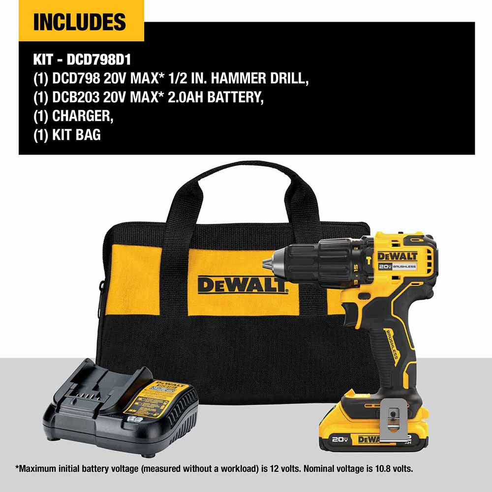 DeWalt DCD798D1 20V MAX Brushless Cordless 1/2 in. Hammer Drill Kit - 8