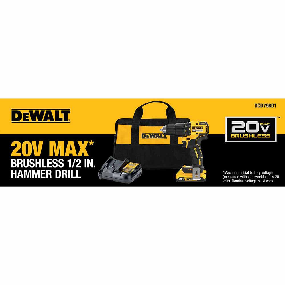 DeWalt DCD798D1 20V MAX Brushless Cordless 1/2 in. Hammer Drill Kit - 11