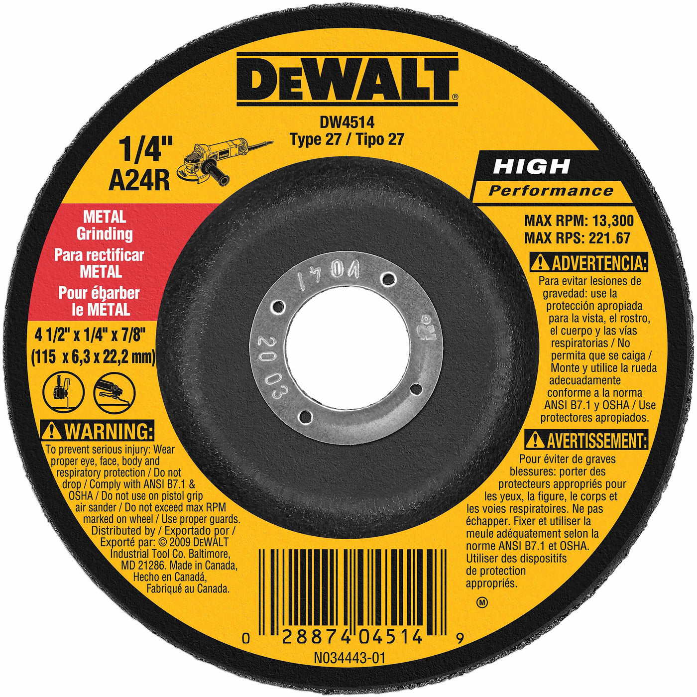 DeWalt DW4514 4-1/2" x 1/4" x 7/8" General Purpose Metal Grinding Wheel