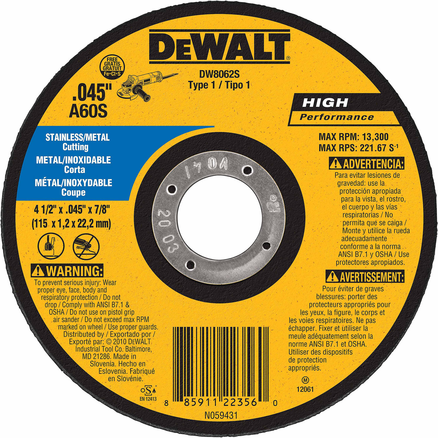 DeWalt DW8062S 4-1/2" X.045 X 7/8" Thin Cutoff Wheel