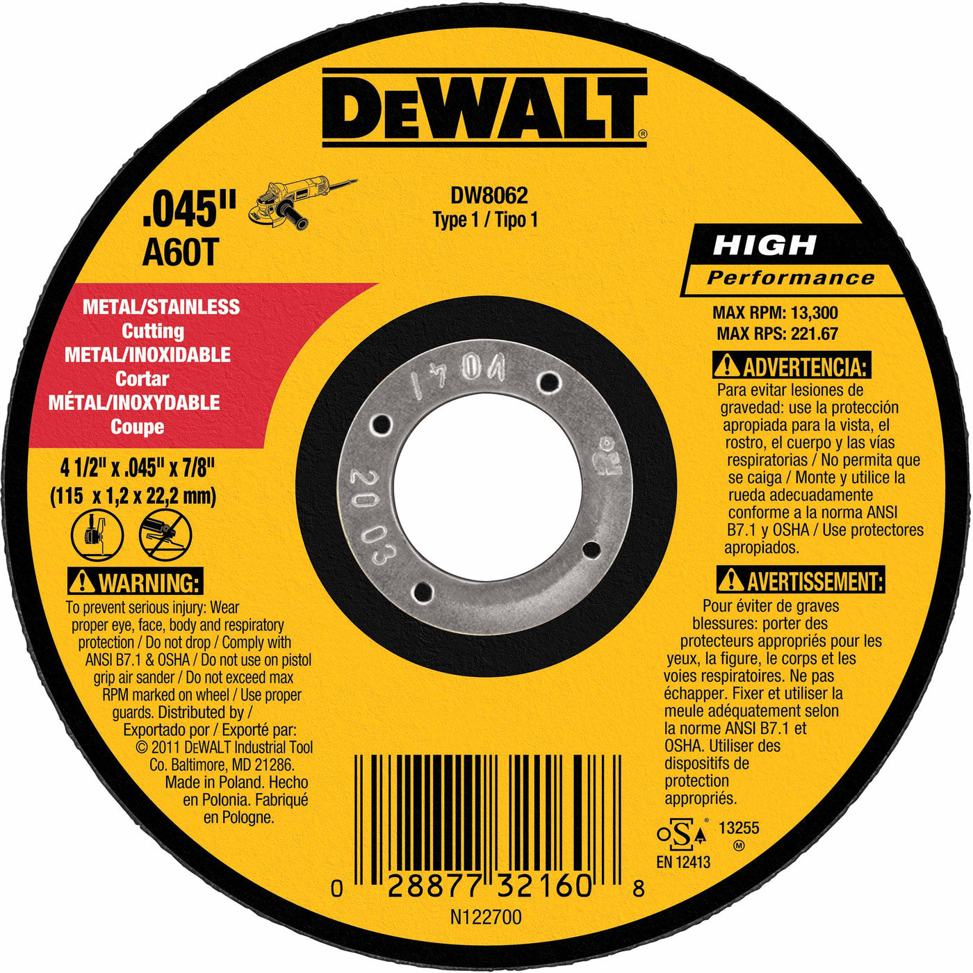 DeWalt DW8062  4-1/2" X .045" X 7/8" Metal Cutting Thin Cutoff Wheel