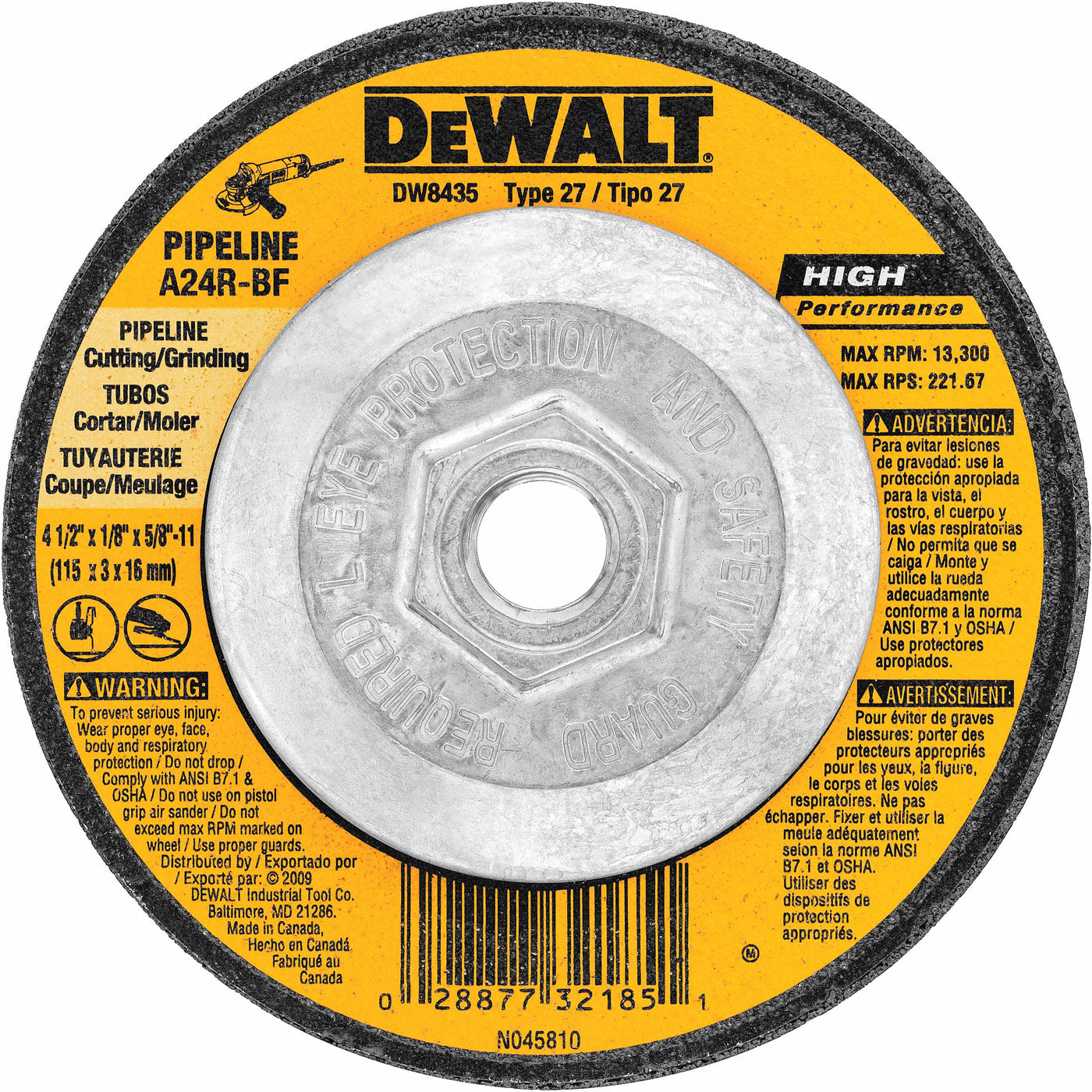 DeWalt DW8435 4-1/2" x 1/8" x 5/8"-11 Pipeline Cutting / Grinding Wheel