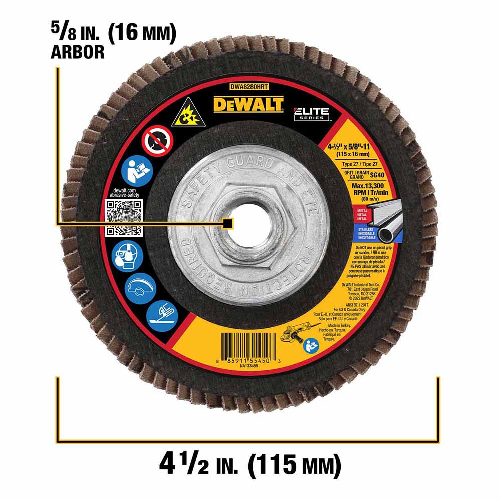 DeWalt DWA8280HRT ELITE SERIES 4-1/2 X 5/8-11 40G T27 High Density Flap Disc - 2