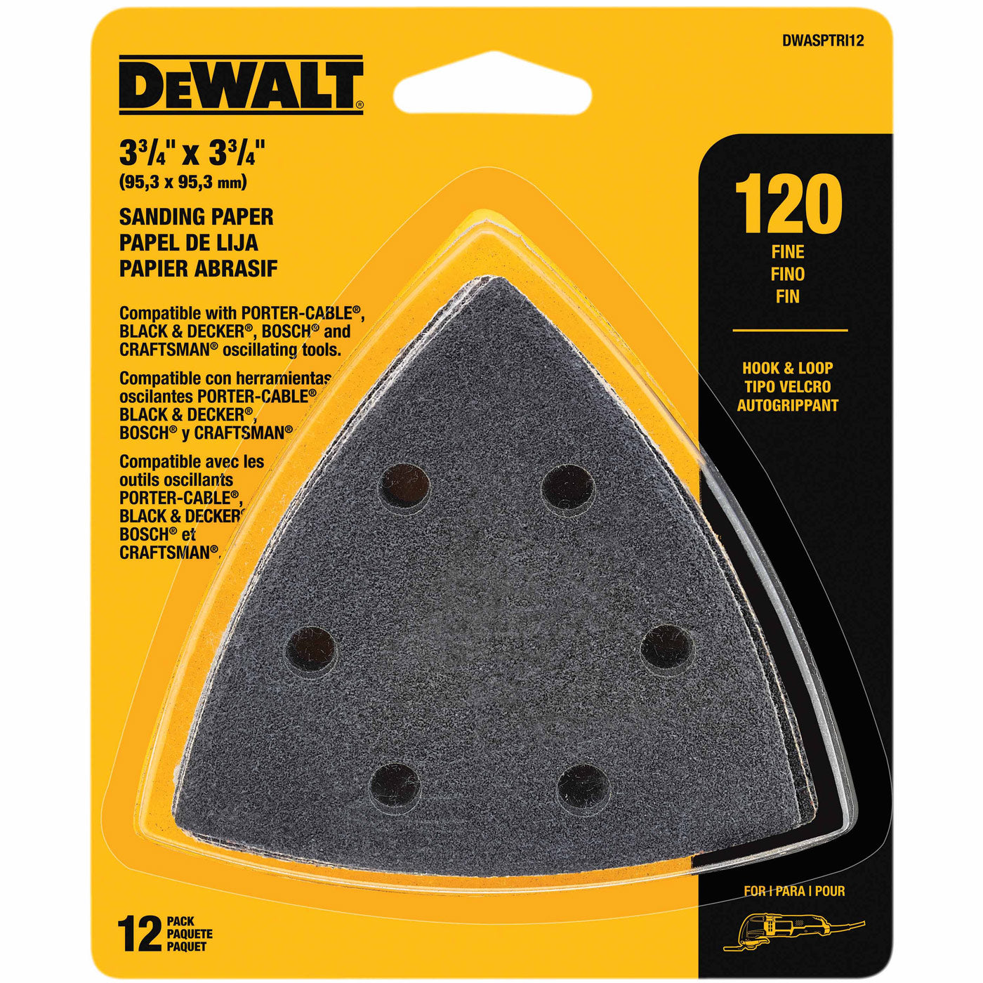 DeWalt DWASPTRI12 Hook And Loop Triangle 120 Grit Sandpaper - 12 PK