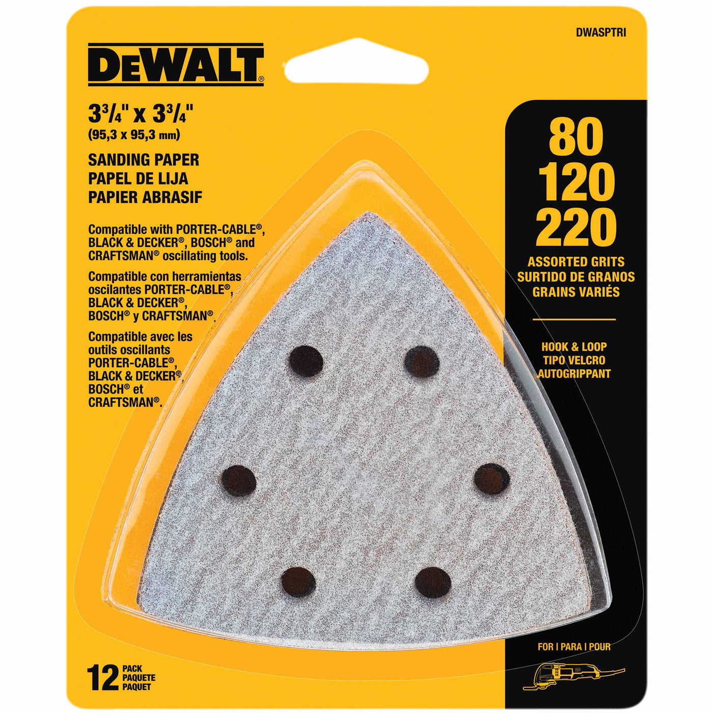 DeWalt DWASPTRI Hook And Loop Triangle Sandpaper Assorted - 12 PK