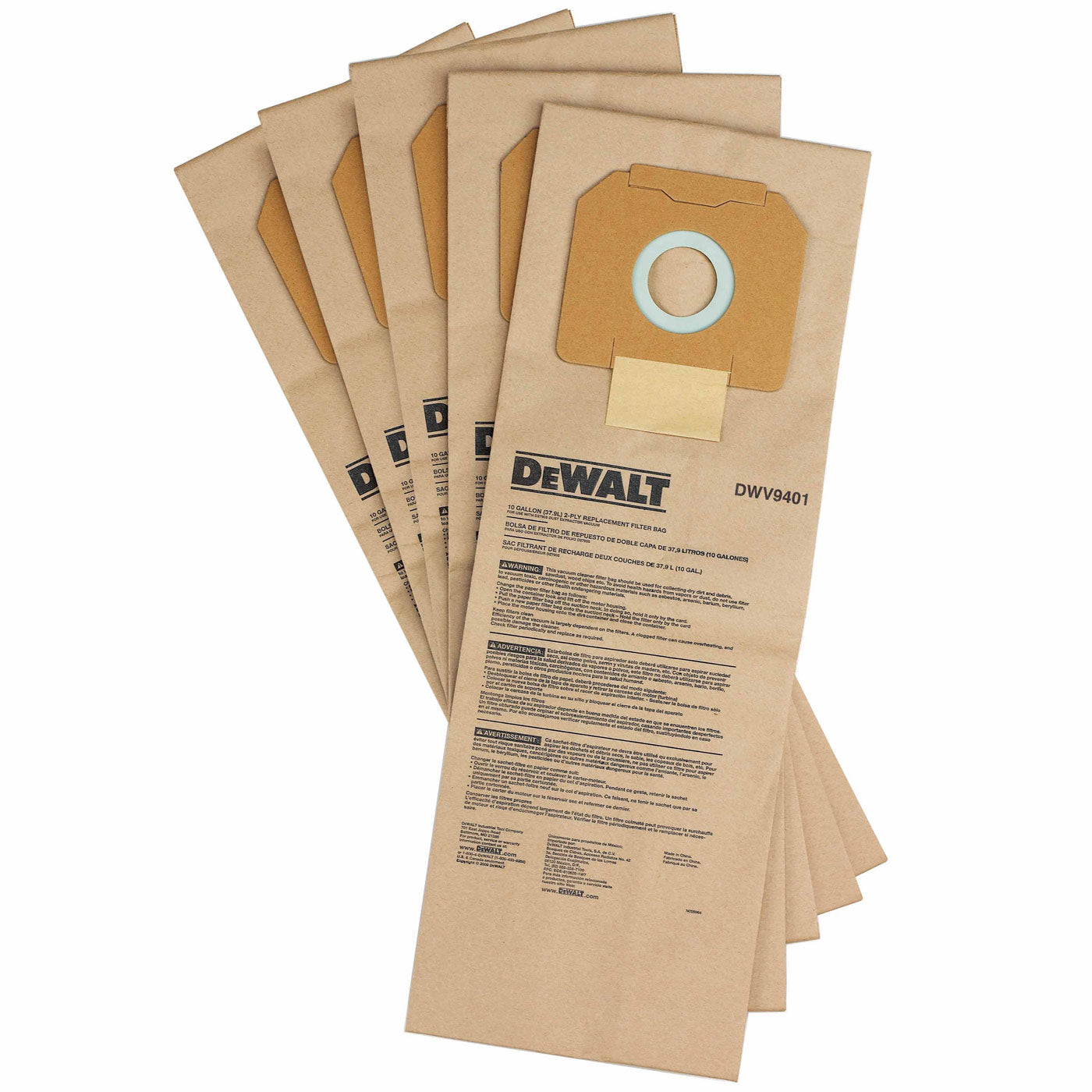 DeWalt DWV9401 Paper Dust Bags for DWV012 Dust Extractor, Pack of 5