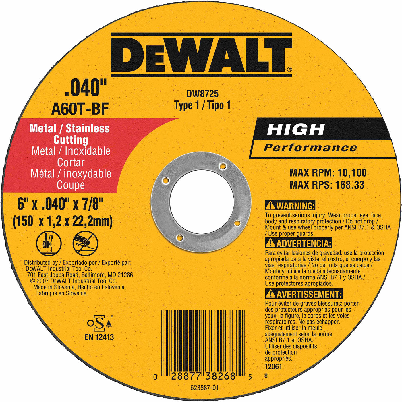 DeWalt DW8725 6" x .040" x 7/8" Thin Metal Cutoff - 2